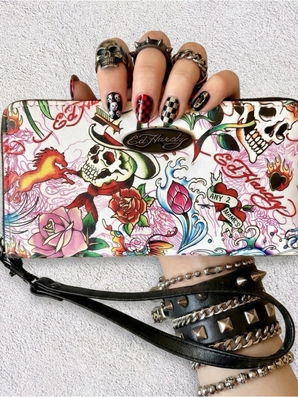 Ed Hardy White Floral Skull Graphic Wristlet. Tattoo Art Alternative Punk Indie